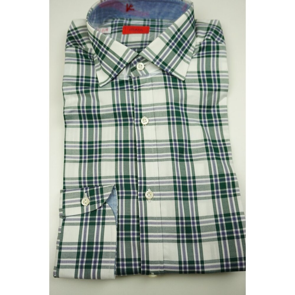Isaia White Forest Green Purple Plaid Long Sleeve Cotton Dress Shirt 15.5/39 NEW